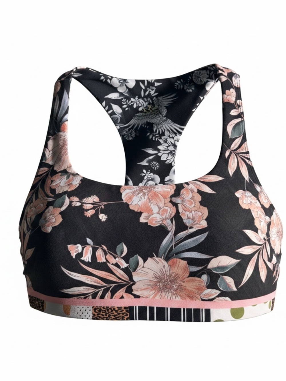 Reversible Floral Racerback Sports Bra Black Pink Botanical Bee Print S/M